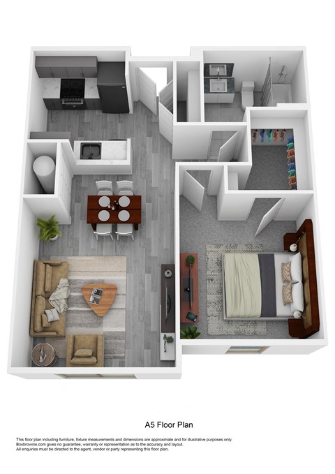 a 3d floor plan is shown with a bedroom and living room